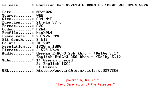 NFO for the release American.Dad.S22E10.GERMAN.DL.1080P.WEB.H264-WAYNE by WAYNE