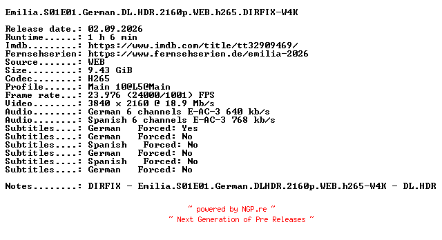 NFO for the release Emilia.S01E01.German.DL.HDR.2160p.WEB.h265.DIRFIX-W4K by W4K