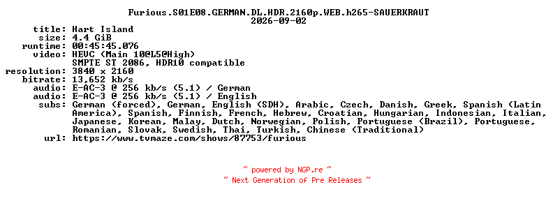 NFO for the release Furious.S01E08.GERMAN.DL.HDR.2160p.WEB.h265-SAUERKRAUT by SAUERKRAUT