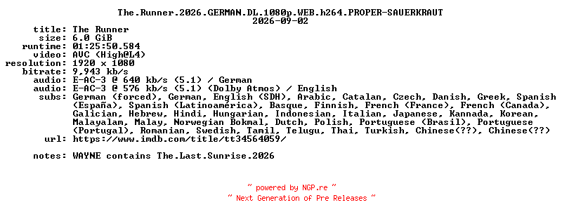 NFO for the release The.Runner.2026.GERMAN.DL.1080p.WEB.h264.PROPER-SAUERKRAUT by SAUERKRAUT