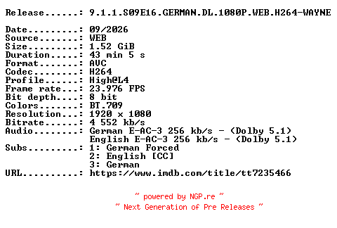 NFO for the release 9.1.1.S09E16.GERMAN.DL.1080P.WEB.H264-WAYNE by WAYNE