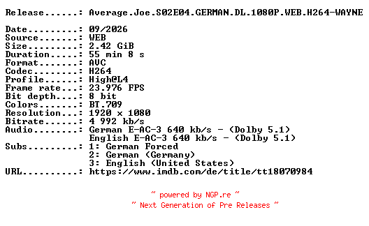 NFO for the release Average.Joe.S02E04.GERMAN.DL.1080P.WEB.H264-WAYNE by WAYNE
