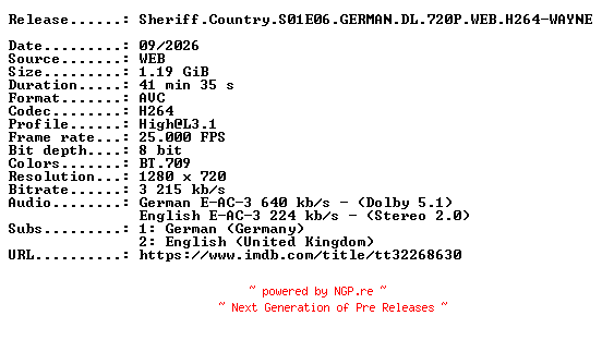 NFO for the release Sheriff.Country.S01E06.GERMAN.DL.720P.WEB.H264-WAYNE by WAYNE