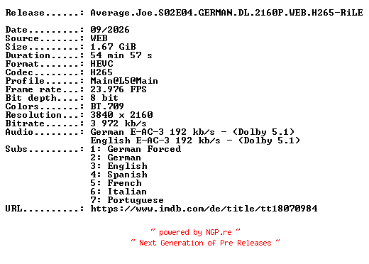 NFO for the release Average.Joe.S02E04.GERMAN.DL.2160P.WEB.H265-RiLE by RiLE