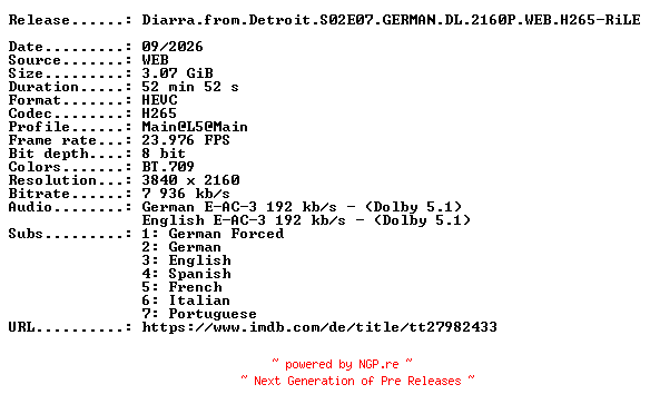 NFO for the release Diarra.from.Detroit.S02E07.GERMAN.DL.2160P.WEB.H265-RiLE by RiLE
