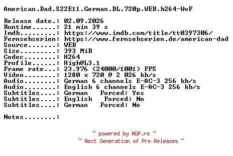 NFO for the release American.Dad.S22E11.German.DL.720p.WEB.h264-WvF by WvF