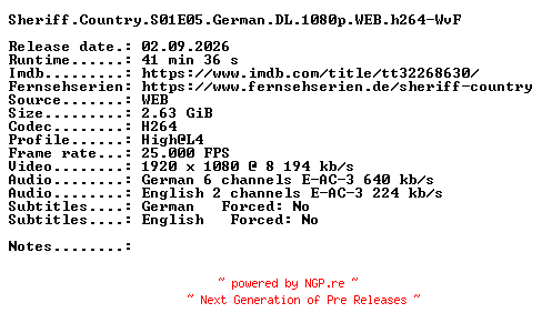 NFO for the release Sheriff.Country.S01E05.German.DL.1080p.WEB.h264-WvF by WvF
