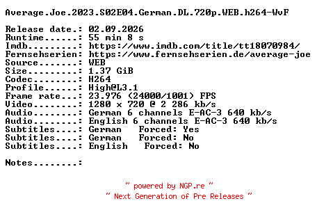 NFO for the release Average.Joe.2023.S02E04.German.DL.720p.WEB.h264-WvF by WvF