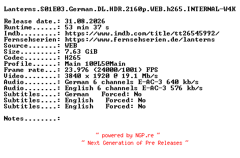 NFO for the release Lanterns.S01E03.German.DL.HDR.2160p.WEB.h265.INTERNAL-W4K by W4K