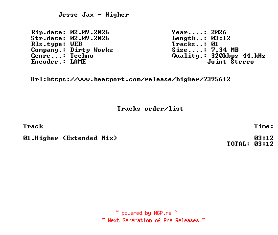 NFO for the release Jesse_Jax_-_Higher-(DWX2203)-SINGLE-WEB-2026-FMC by FMC