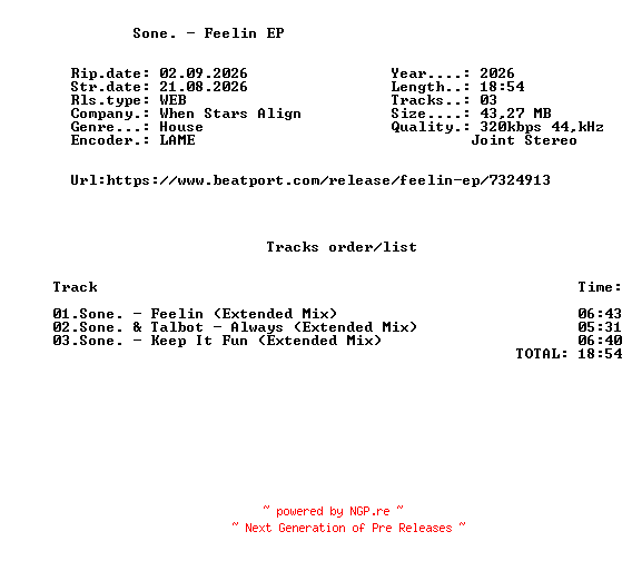 NFO for the release Sone._-_Feelin_EP_(Extended_Mixes)-WEB-2026-FMC by FMC