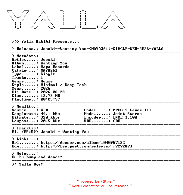 NFO for the release Joeski--Wanting_You-(MAYA261)-SINGLE-WEB-2026-YALLA by YALLA