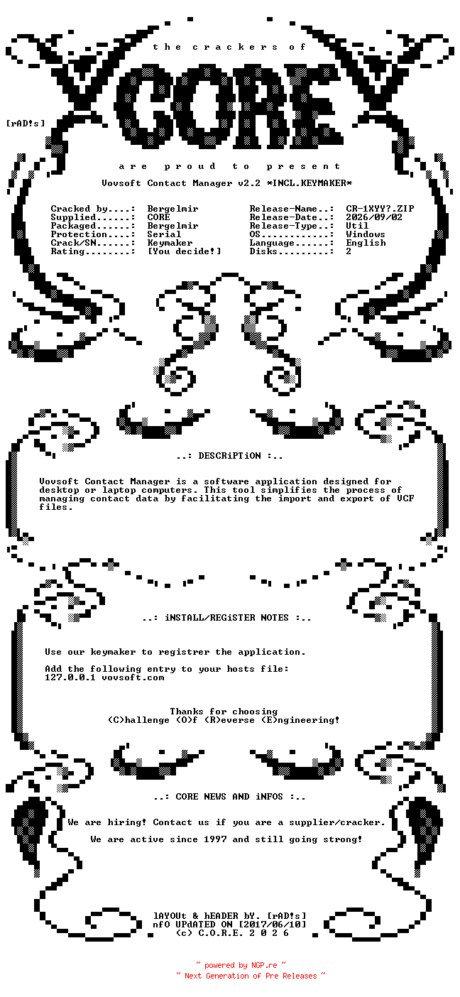 NFO for the release Vovsoft.Contact.Manager.v2.2.Incl.Keymaker-CORE by CORE