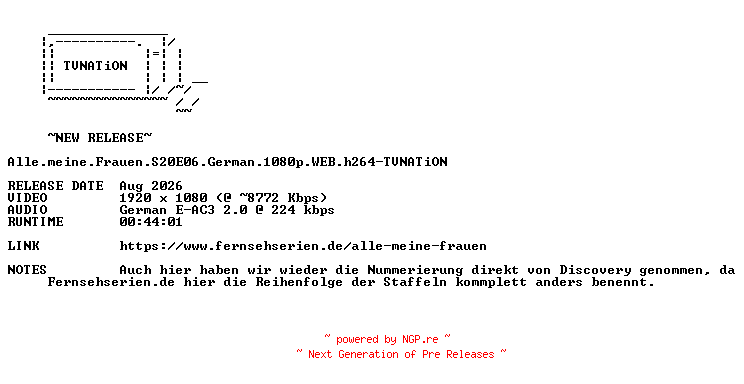NFO for the release Alle.meine.Frauen.S20E06.German.1080p.WEB.h264-TVNATiON by TVNATiON