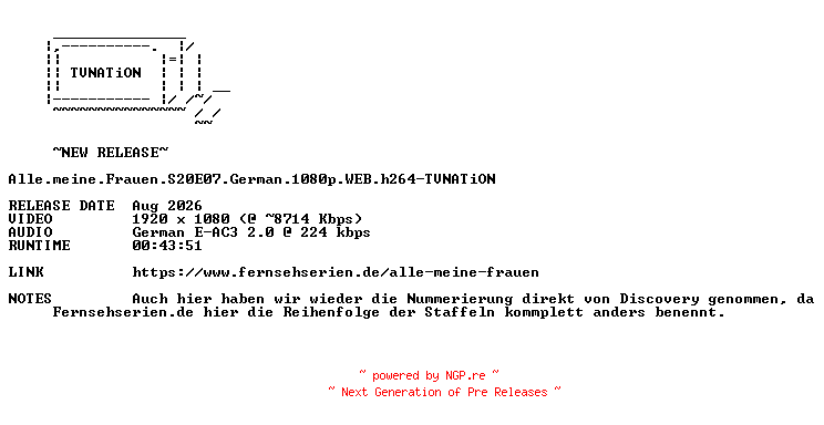 NFO for the release Alle.meine.Frauen.S20E07.German.1080p.WEB.h264-TVNATiON by TVNATiON