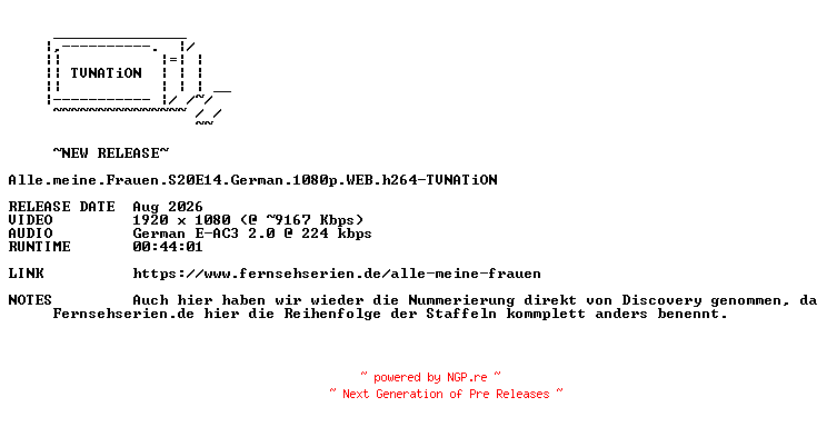NFO for the release Alle.meine.Frauen.S20E14.German.1080p.WEB.h264-TVNATiON by TVNATiON