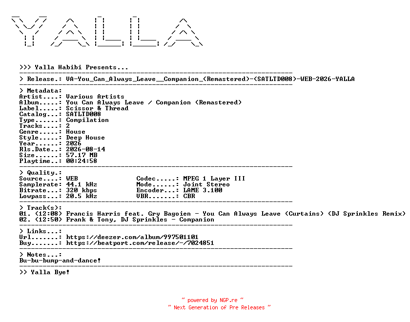 NFO for the release VA-You_Can_Always_Leave__Companion_(Remastered)-(SATLTD008)-WEB-2026-YALLA by YALLA