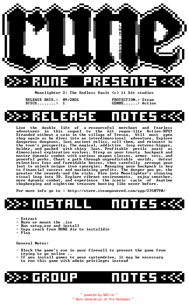 NFO for the release Moonlighter.2.The.Endless.Vault-RUNE by RUNE