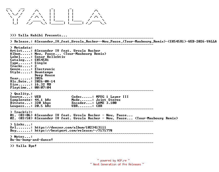 NFO for the release Alexander_IV_feat_Ursula_Rucker--Now_Pause_(Tour-Maubourg_Remix)-(SK545R1)-WEB-2026-YALLA by YALLA