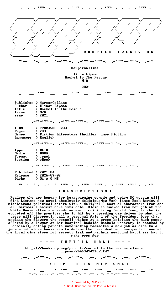 NFO for the release Elinor.Lipman.-.Rachel.To.The.Rescue.2021.RETAIL.EPUB.eBook-CTO by CTO