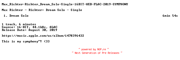 NFO for the release Max_Richter-Richter_Dream_Solo-Single-16BIT-WEB-FLAC-2019-SYMPHONY by SYMPHONY