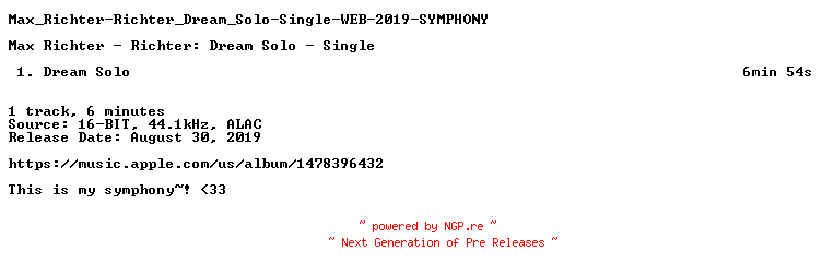 NFO for the release Max_Richter-Richter_Dream_Solo-Single-WEB-2019-SYMPHONY by SYMPHONY