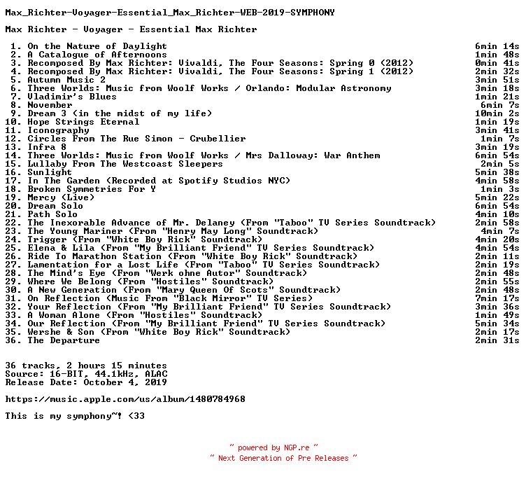 NFO for the release Max_Richter-Voyager-Essential_Max_Richter-WEB-2019-SYMPHONY by SYMPHONY