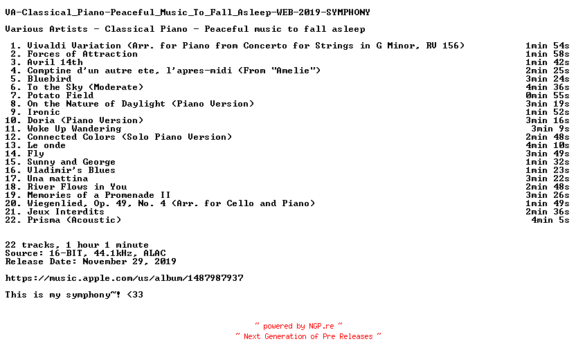 NFO for the release VA-Classical_Piano-Peaceful_Music_To_Fall_Asleep-WEB-2019-SYMPHONY by SYMPHONY