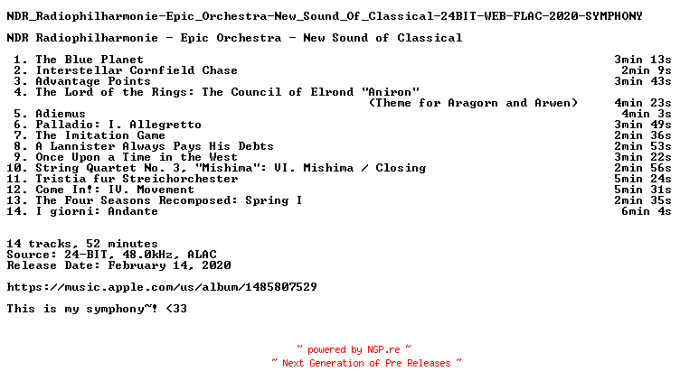 NFO for the release NDR_Radiophilharmonie-Epic_Orchestra-New_Sound_Of_Classical-24BIT-WEB-FLAC-2020-SYMPHONY by SYMPHONY