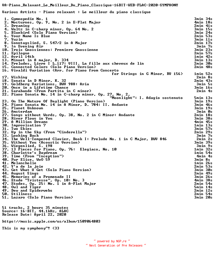 NFO for the release VA-Piano_Relaxant_Le_Meilleur_Du_Piano_Classique-16BIT-WEB-FLAC-2020-SYMPHONY by SYMPHONY