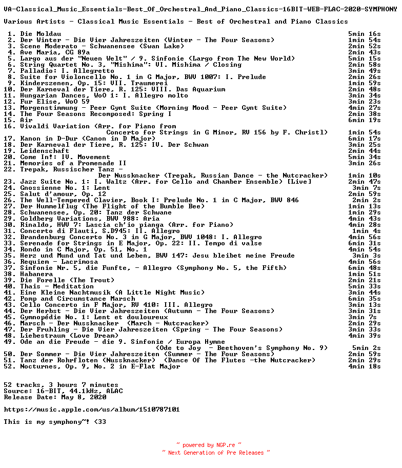 NFO for the release VA-Classical_Music_Essentials-Best_Of_Orchestral_And_Piano_Classics-16BIT-WEB-FLAC-2020-SYMPHONY by SYMPHONY