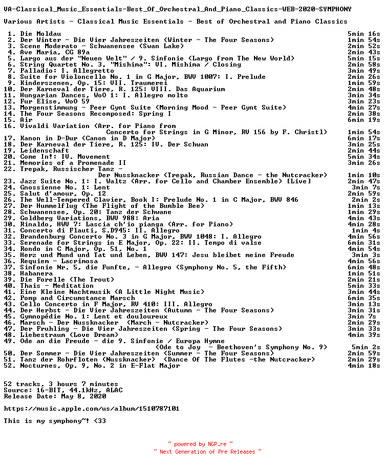 NFO for the release VA-Classical_Music_Essentials-Best_Of_Orchestral_And_Piano_Classics-WEB-2020-SYMPHONY by SYMPHONY