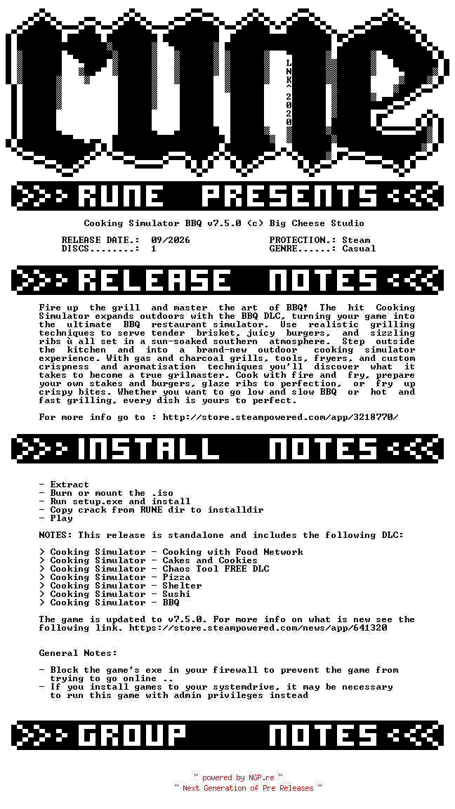 NFO for the release Cooking.Simulator.BBQ.v7.5.0-RUNE by RUNE