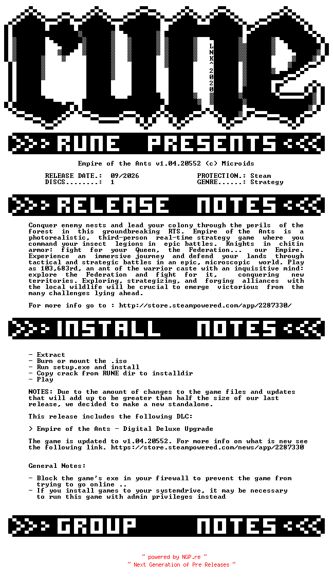 NFO for the release Empire.of.the.Ants.v1.04.20552-RUNE by RUNE