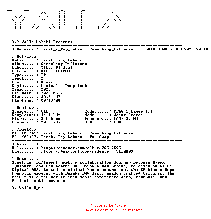 NFO for the release Barak_x_Roy_Lebens--Something_Different-(SILVIDIGI003)-WEB-2025-YALLA by YALLA