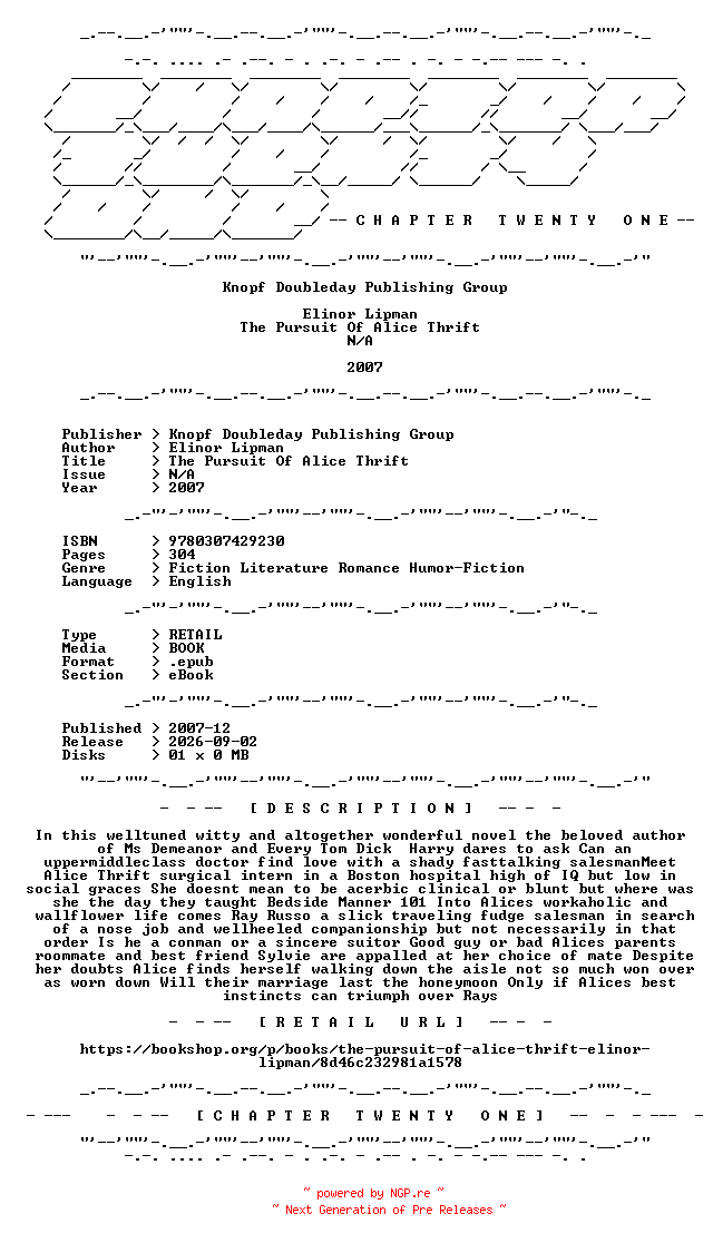 NFO for the release Elinor.Lipman.-.The.Pursuit.Of.Alice.Thrift.2007.RETAIL.EPUB.eBook-CTO by CTO