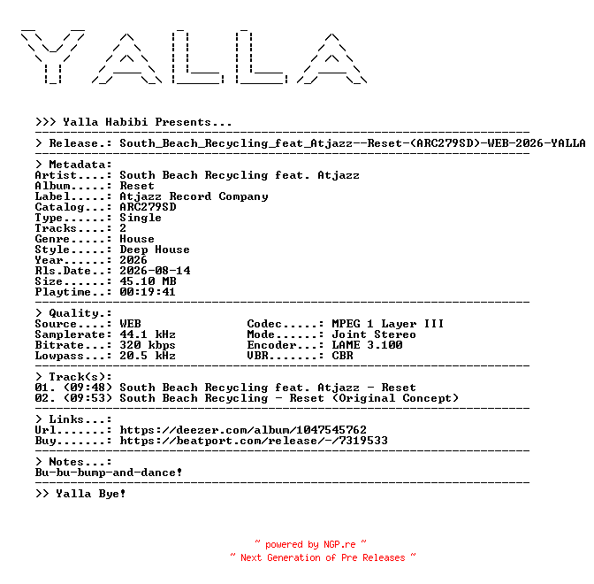 NFO for the release South_Beach_Recycling_feat_Atjazz--Reset-(ARC279SD)-WEB-2026-YALLA by YALLA