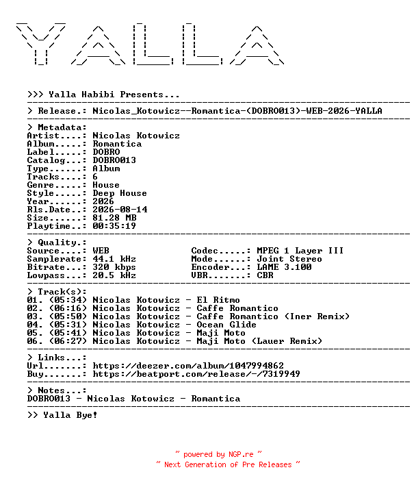 NFO for the release Nicolas_Kotowicz--Romantica-(DOBRO013)-WEB-2026-YALLA by YALLA