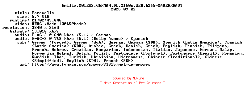 NFO for the release Emilia.S01E02.GERMAN.DL.2160p.WEB.h265-SAUERKRAUT by SAUERKRAUT