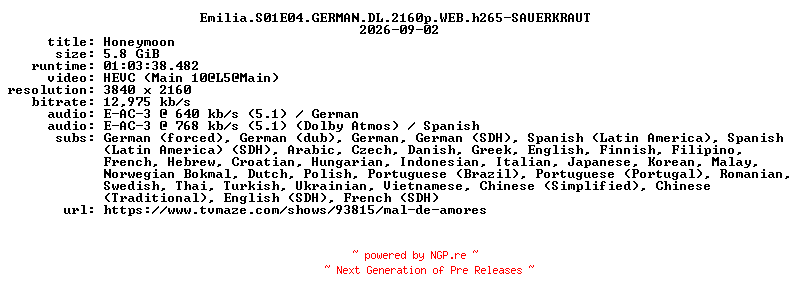 NFO for the release Emilia.S01E04.GERMAN.DL.2160p.WEB.h265-SAUERKRAUT by SAUERKRAUT