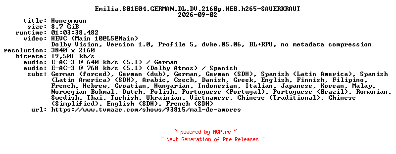 NFO for the release Emilia.S01E04.GERMAN.DL.DV.2160p.WEB.h265-SAUERKRAUT by SAUERKRAUT