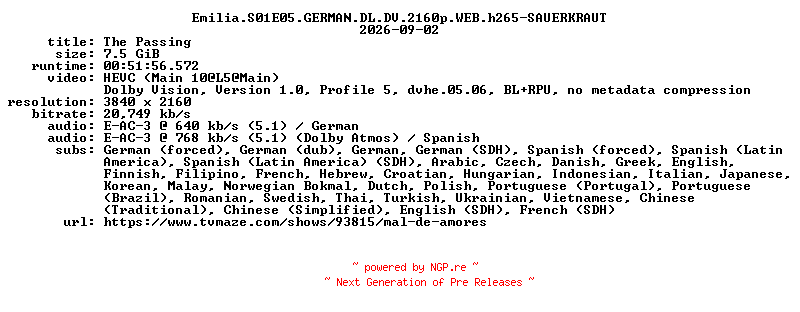 NFO for the release Emilia.S01E05.GERMAN.DL.DV.2160p.WEB.h265-SAUERKRAUT by SAUERKRAUT