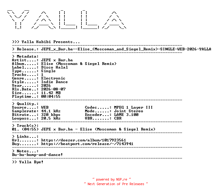 NFO for the release JEPE_x_Bar.ba--Elise_(Moscoman_and_Siegel_Remix)-SINGLE-WEB-2026-YALLA by YALLA