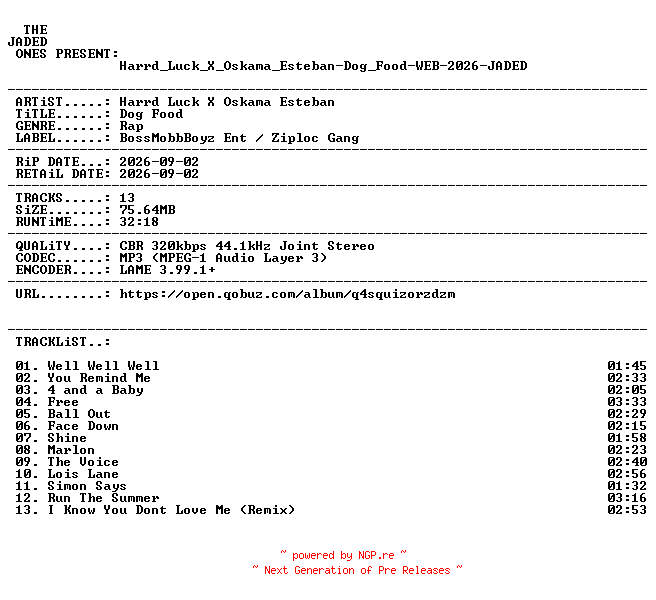 NFO for the release Harrd_Luck_X_Oskama_Esteban-Dog_Food-WEB-2026-JADED by JADED