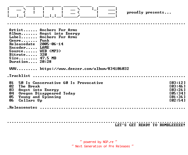 NFO for the release Anchors_For_Arms-Angst_into_Energy-EP-(WEB)-2005-RUMBLE by RUMBLE