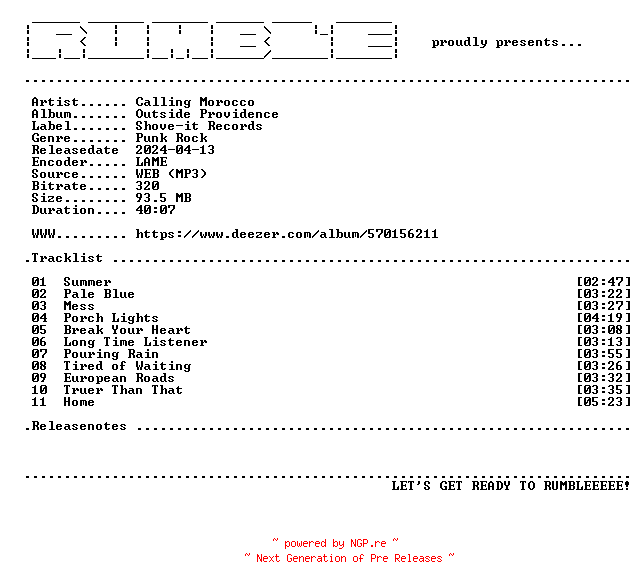 NFO for the release Calling_Morocco-Outside_Providence-(WEB)-2011-RUMBLE by RUMBLE