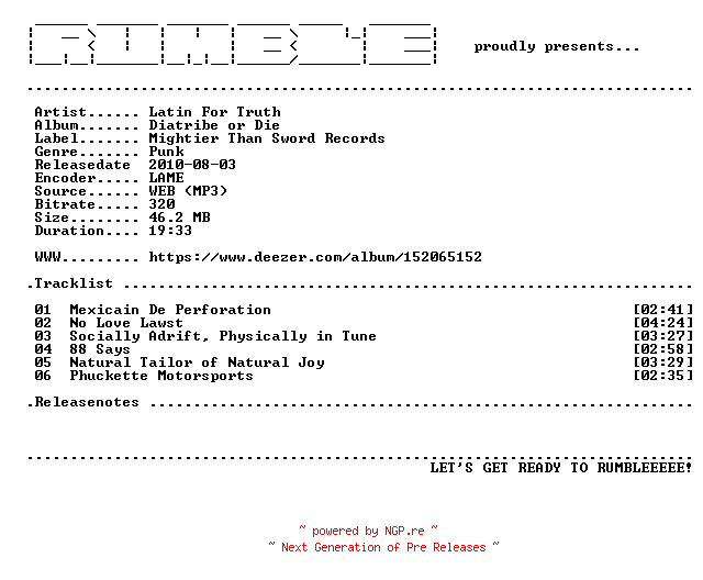 NFO for the release Latin_For_Truth-Diatribe_or_Die-EP-(WEB)-2010-RUMBLE by RUMBLE