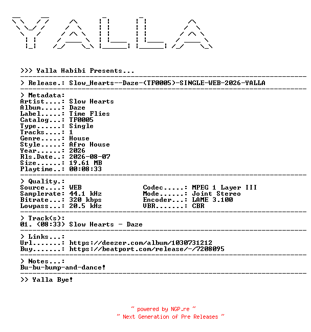 NFO for the release Slow_Hearts--Daze-(TF0005)-SINGLE-WEB-2026-YALLA by YALLA