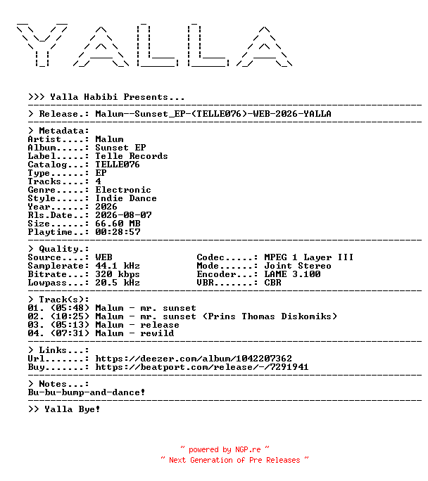 NFO for the release Malum--Sunset_EP-(TELLE076)-WEB-2026-YALLA by YALLA