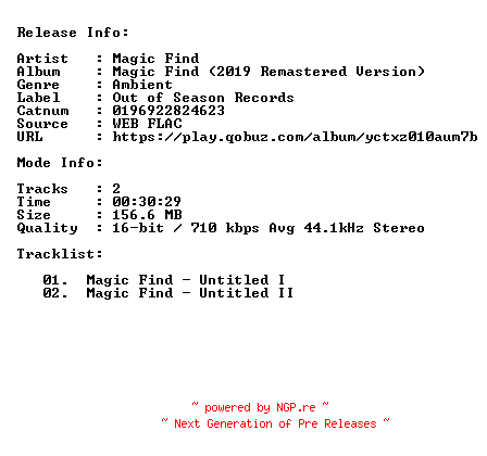 NFO for the release Magic_Find-Magic_Find_(2019_Remastered_Version)-REMASTERED-16BIT-44KHZ-WEB-FLAC-2019-CBR by CBR